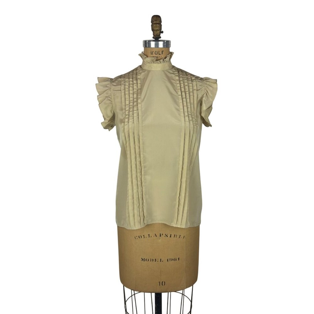Vintage 80s Pleated Top Womens S Beige Sleeveless Ruffle Sleeve Mockneck Shirt
